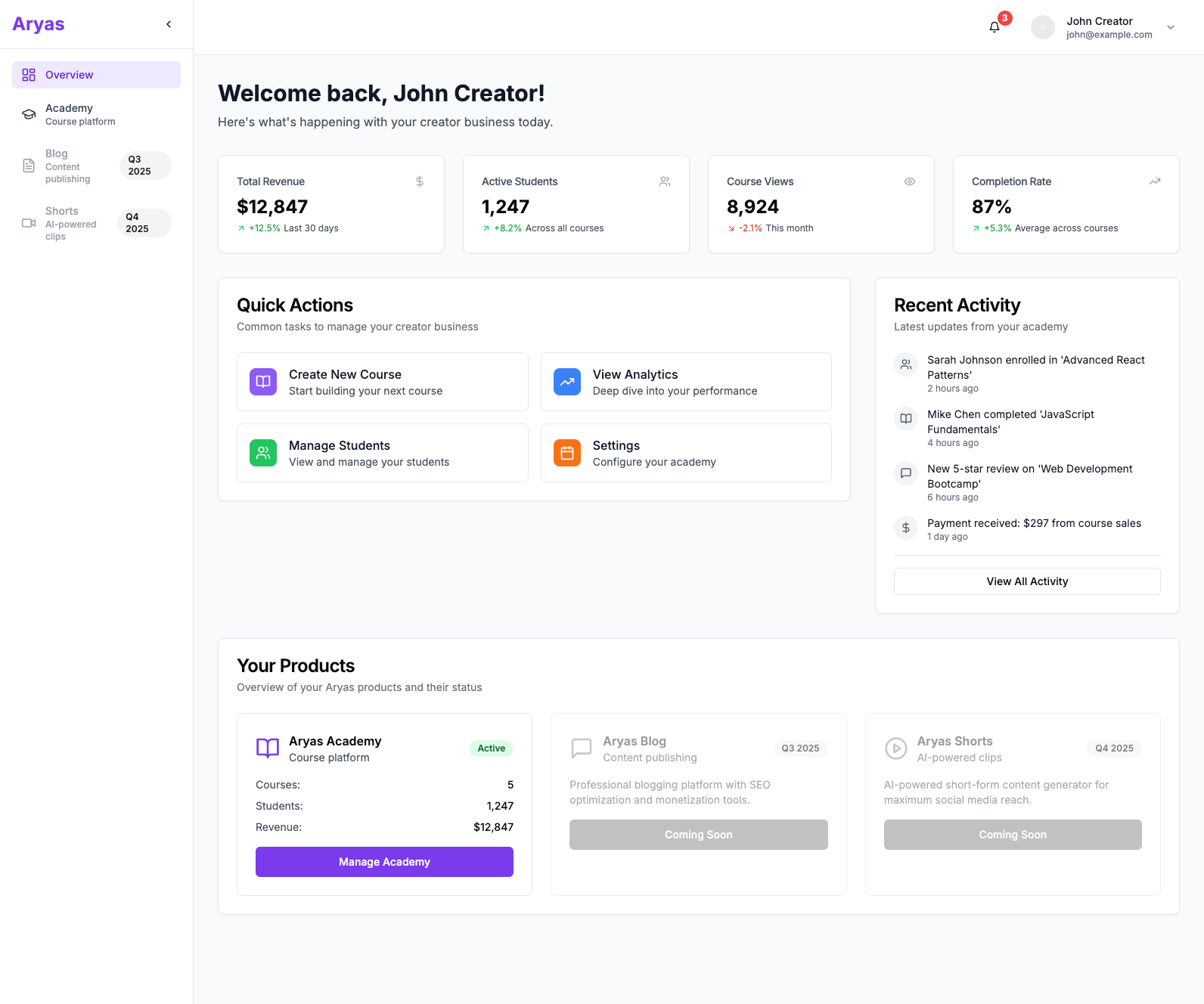 Aryas Academy Dashboard